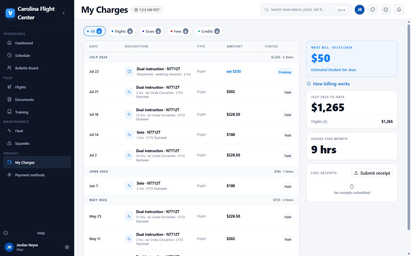 A student charge history with paid statuses and next bill