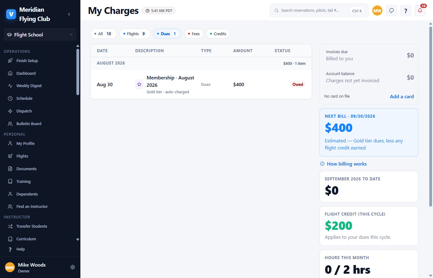 A member's charges: August dues on the Gold tier auto-charged, next bill estimated, flight credit for the cycle, and hours included with the tier