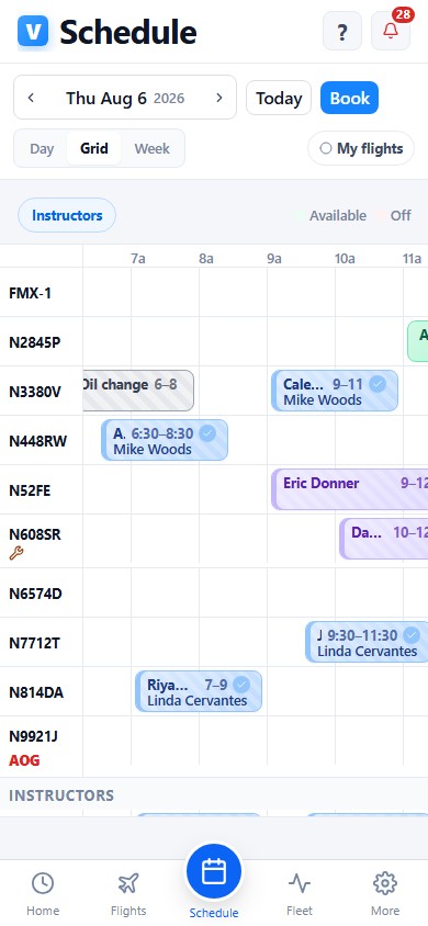 The club's full day schedule on a phone: every aircraft in a row, existing bookings, and a Book button