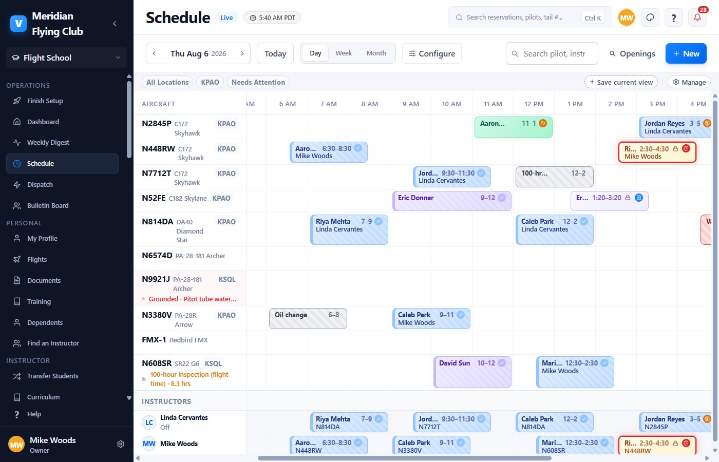 Day grid for a ten-aircraft club: bookings, an oil change, a 100-hour inspection, a vacuum pump failure, and a grounded Archer