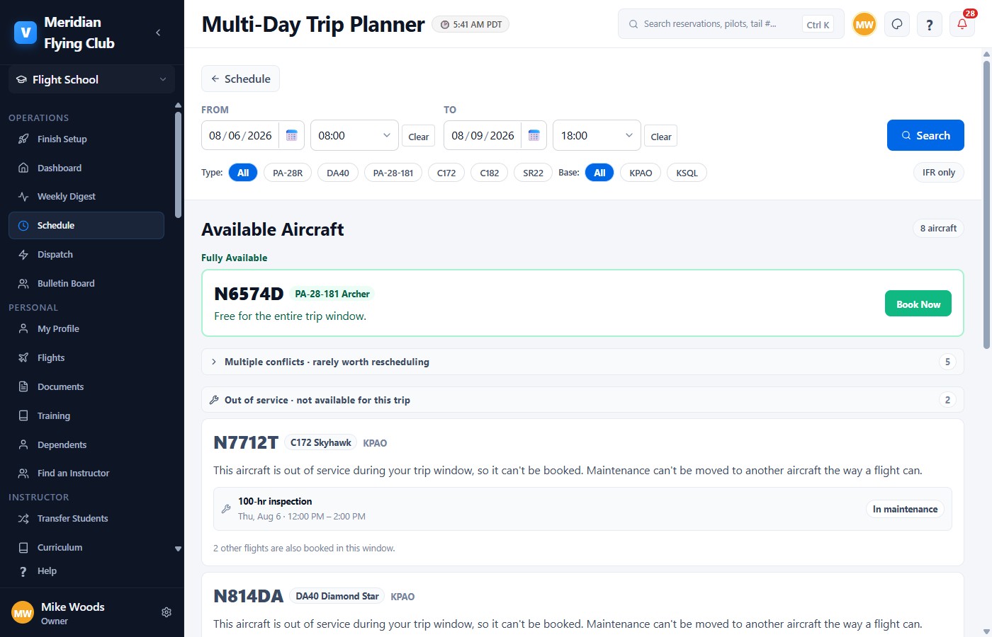 Multi-Day Trip Planner over a four-day window: one aircraft free for the entire trip, five with conflicts, two out of service with the reason shown