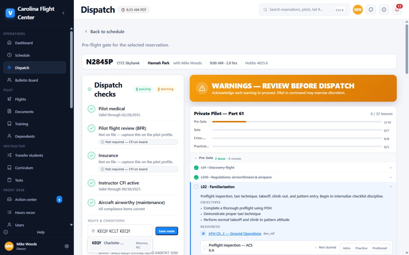 Dispatch gate with blocking checks and student progress