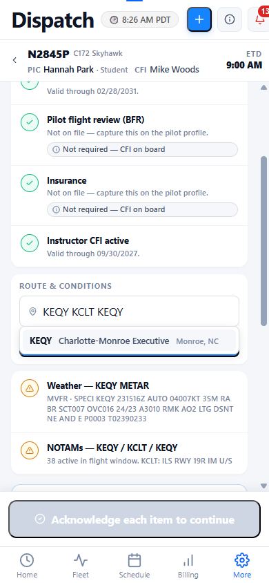 Mobile dispatch gate with warnings and checks