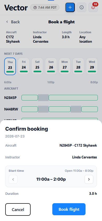 Booking a C172 with an instructor and a time slot, on a phone