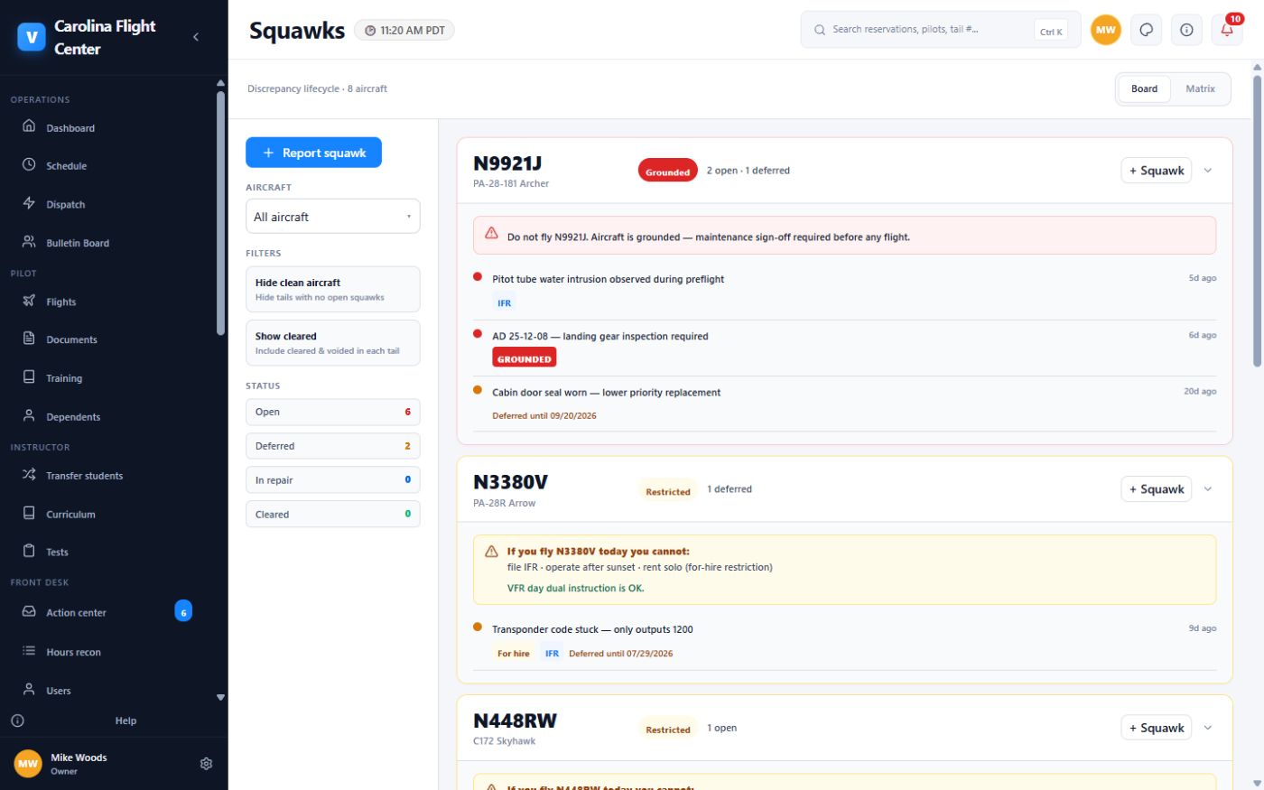 Squawk board with a grounded aircraft and flight restrictions