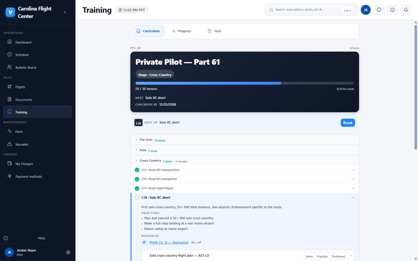 Student training record with graded lessons and ACS tasks