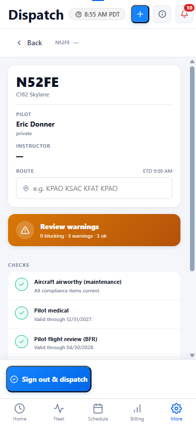 Vector dispatch screen on mobile with pre-flight gate checks