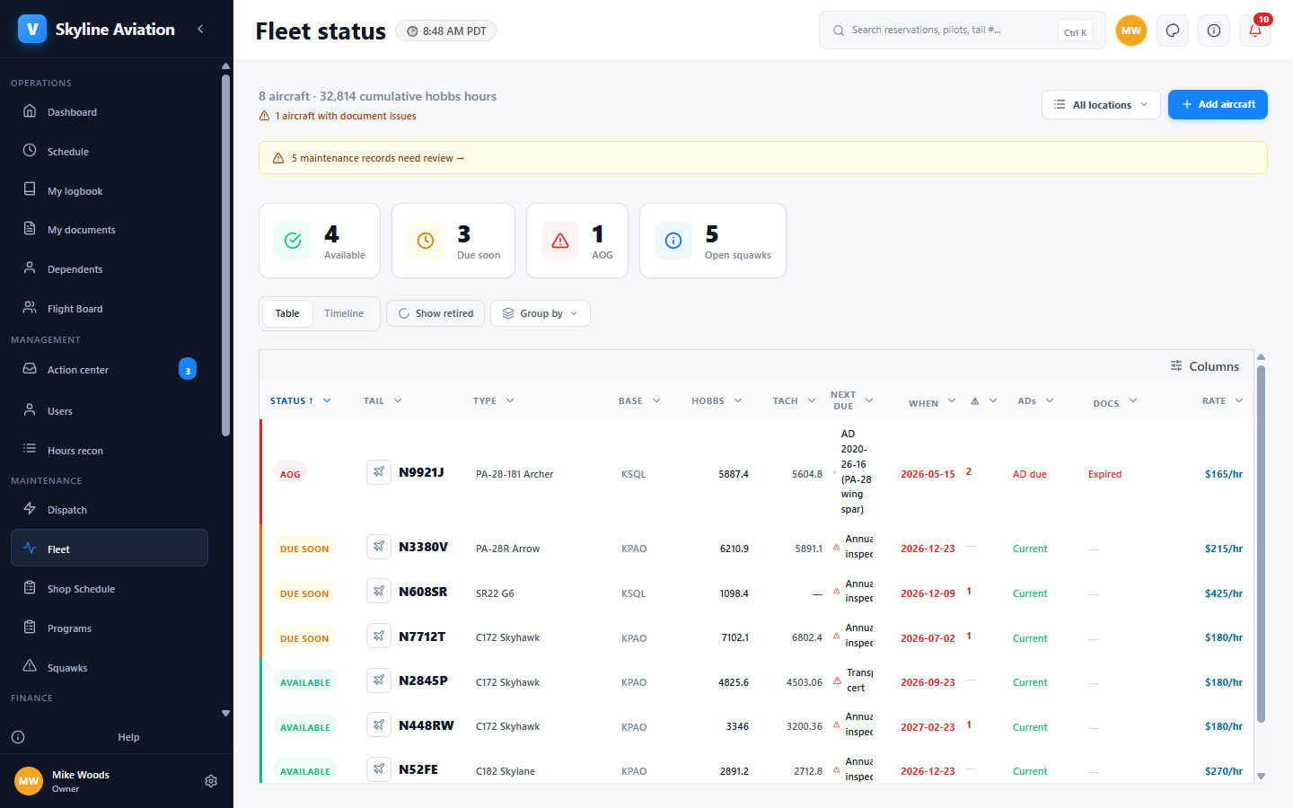 Vector fleet status showing aircraft availability and next maintenance