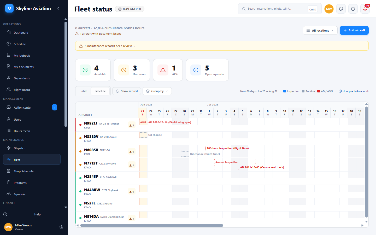 Vector fleet maintenance view showing next-due dates, maintenance progress bars, and aircraft status