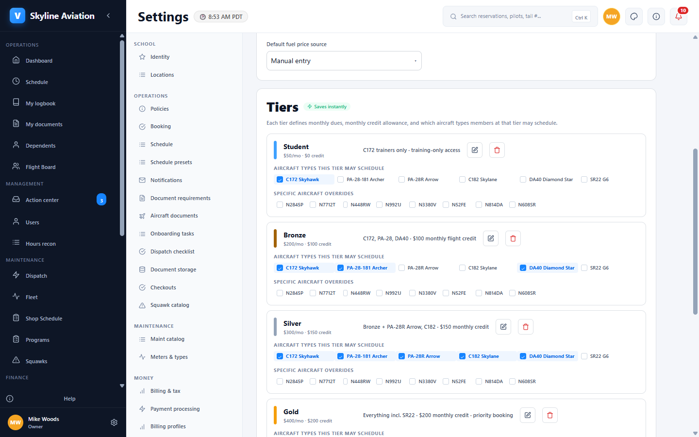 Vector membership tiers settings showing Renter, Club, and Partner tiers with rates