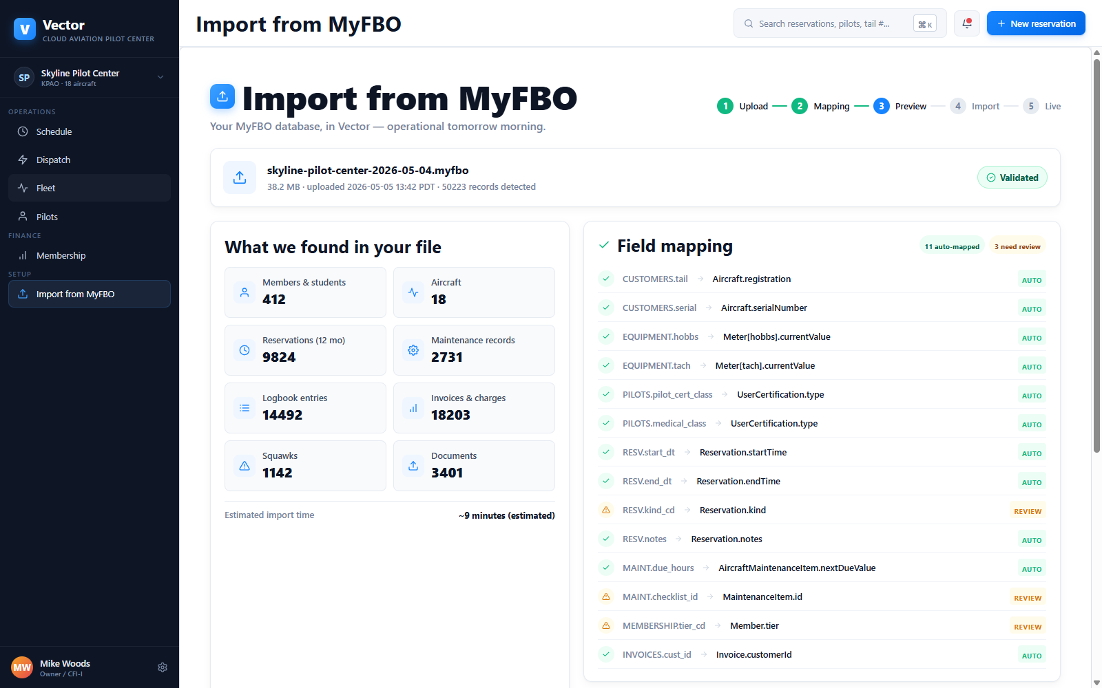 Vector MyFBO migration importer showing data mapping and import progress
