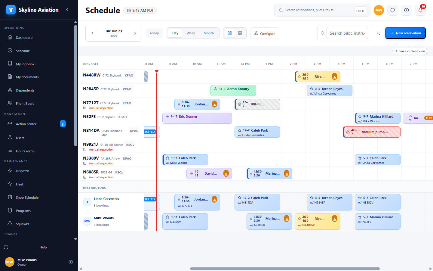 Vector schedule grid on desktop showing six aircraft across a day view